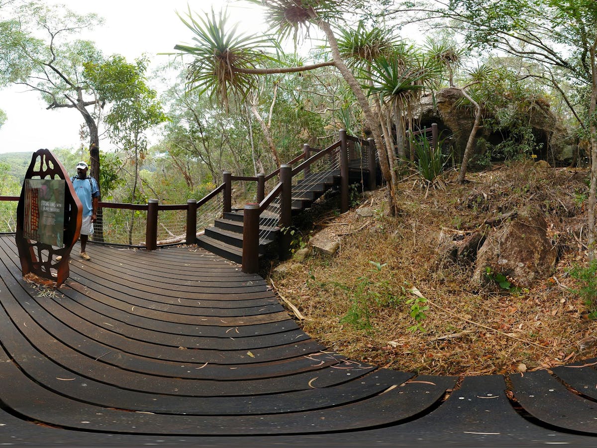 A hiker stands on a boardwalk reading interpretative signage