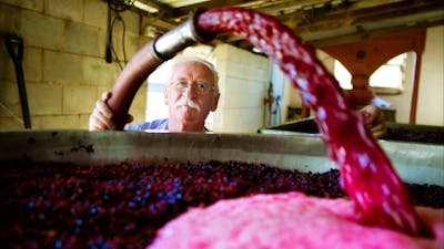 Wine maker Ken Helm at work with the vats