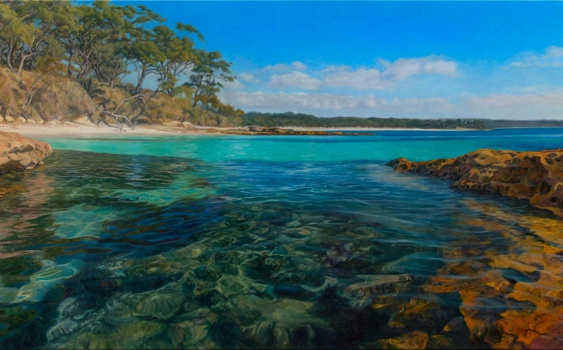 An oil painting of Bristol Point Beach