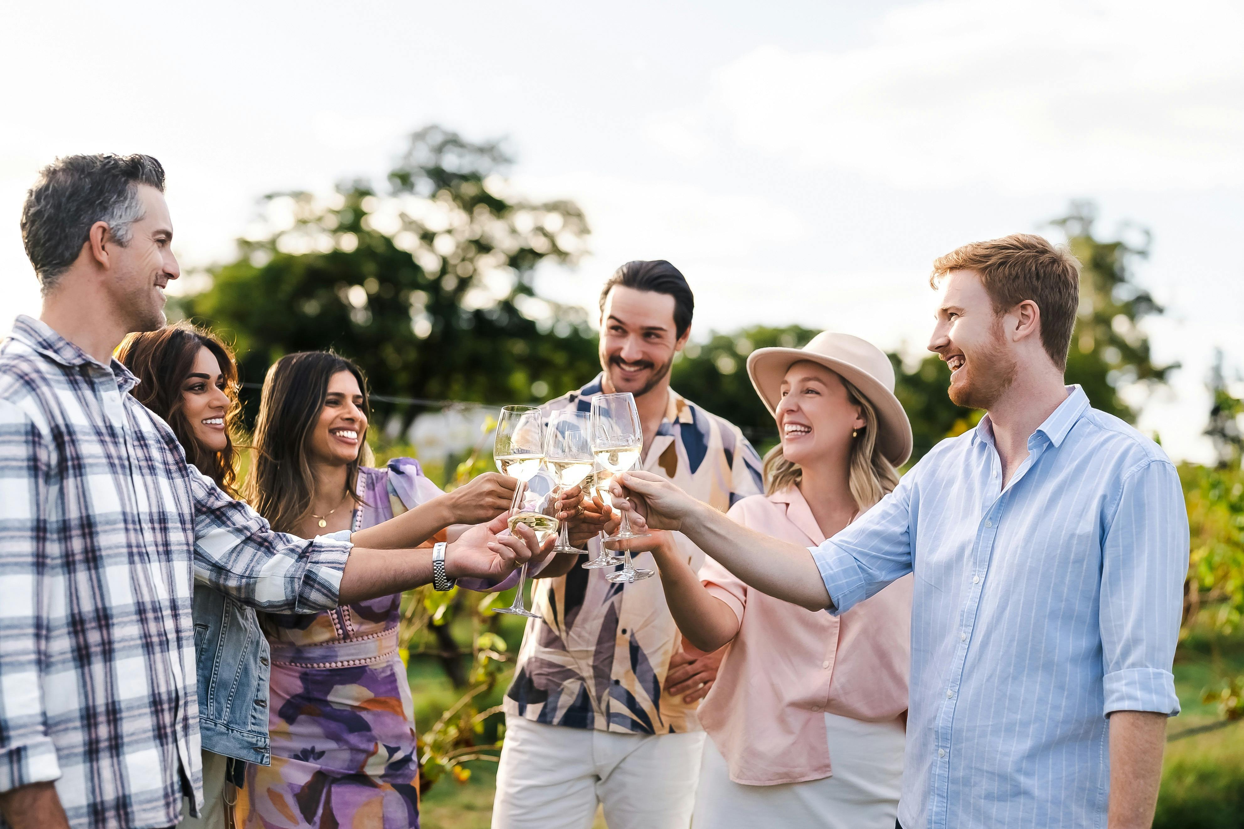 A group of friends raising wine glasses to cheers with vineyards in the background
