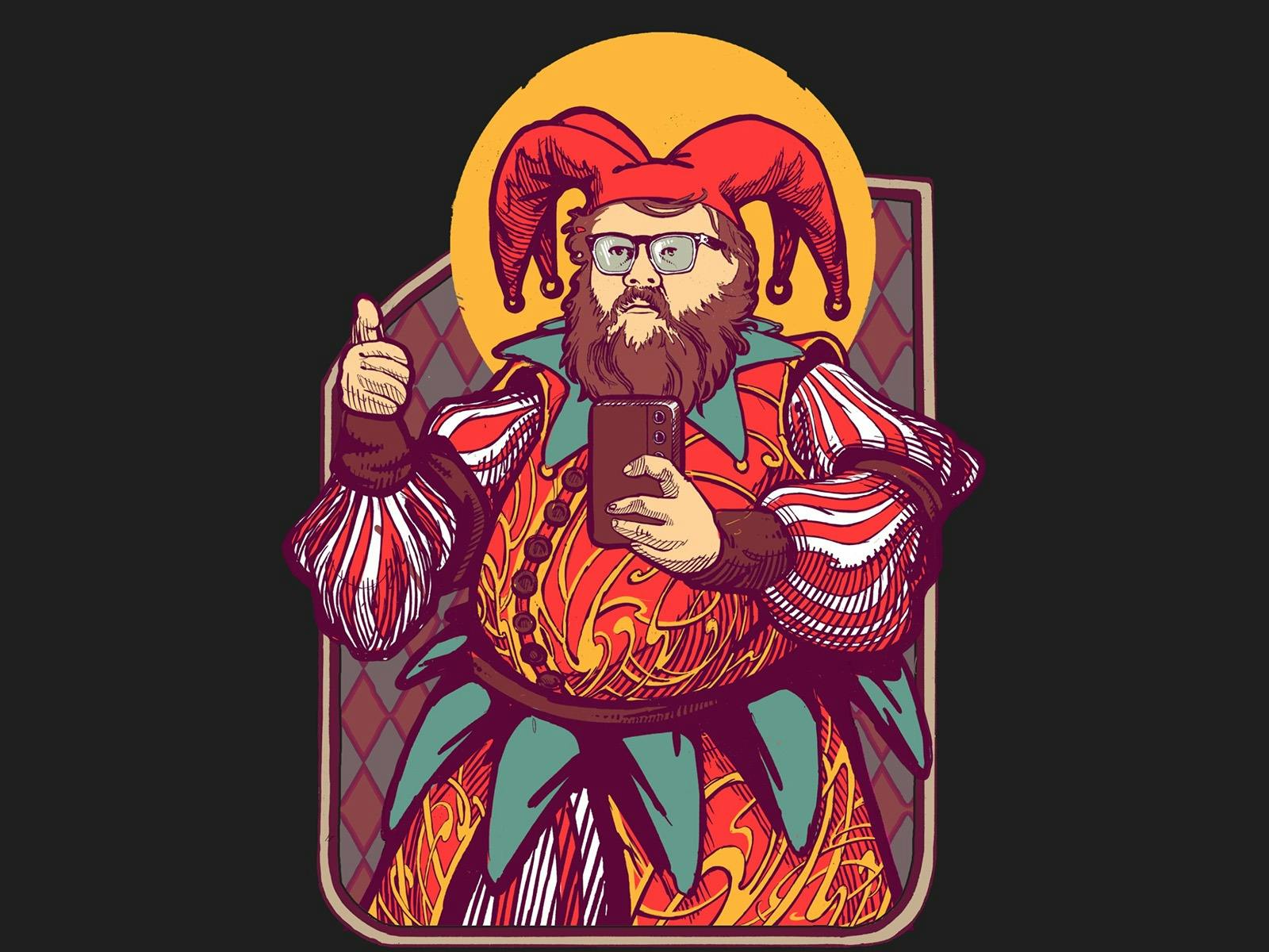 Graphic of a fat man dressed as a jester holding a smartphone