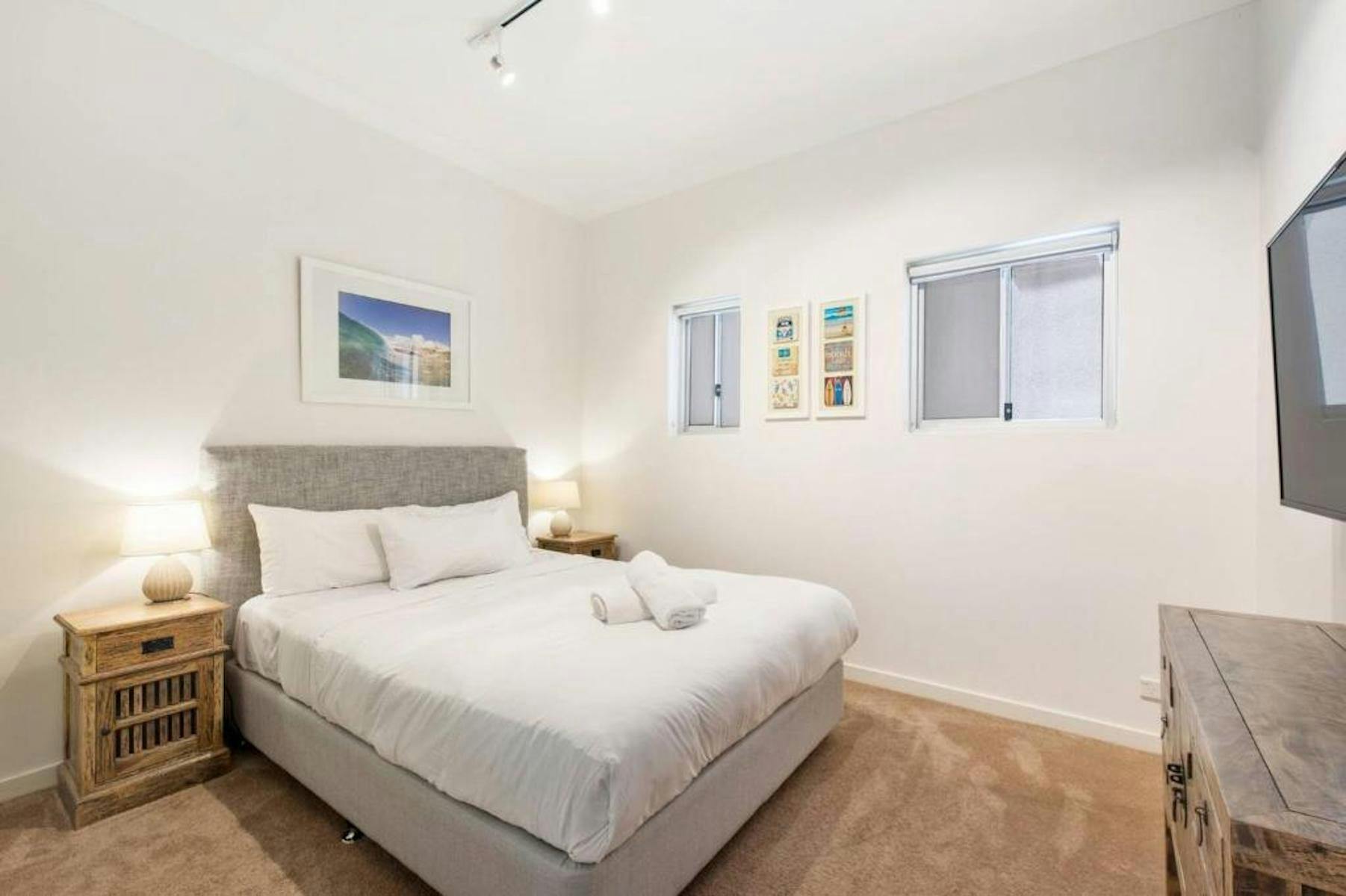 Ultra comfortable queen sized bed. Large clothing wardrobe, block out blinds, flat screen TV