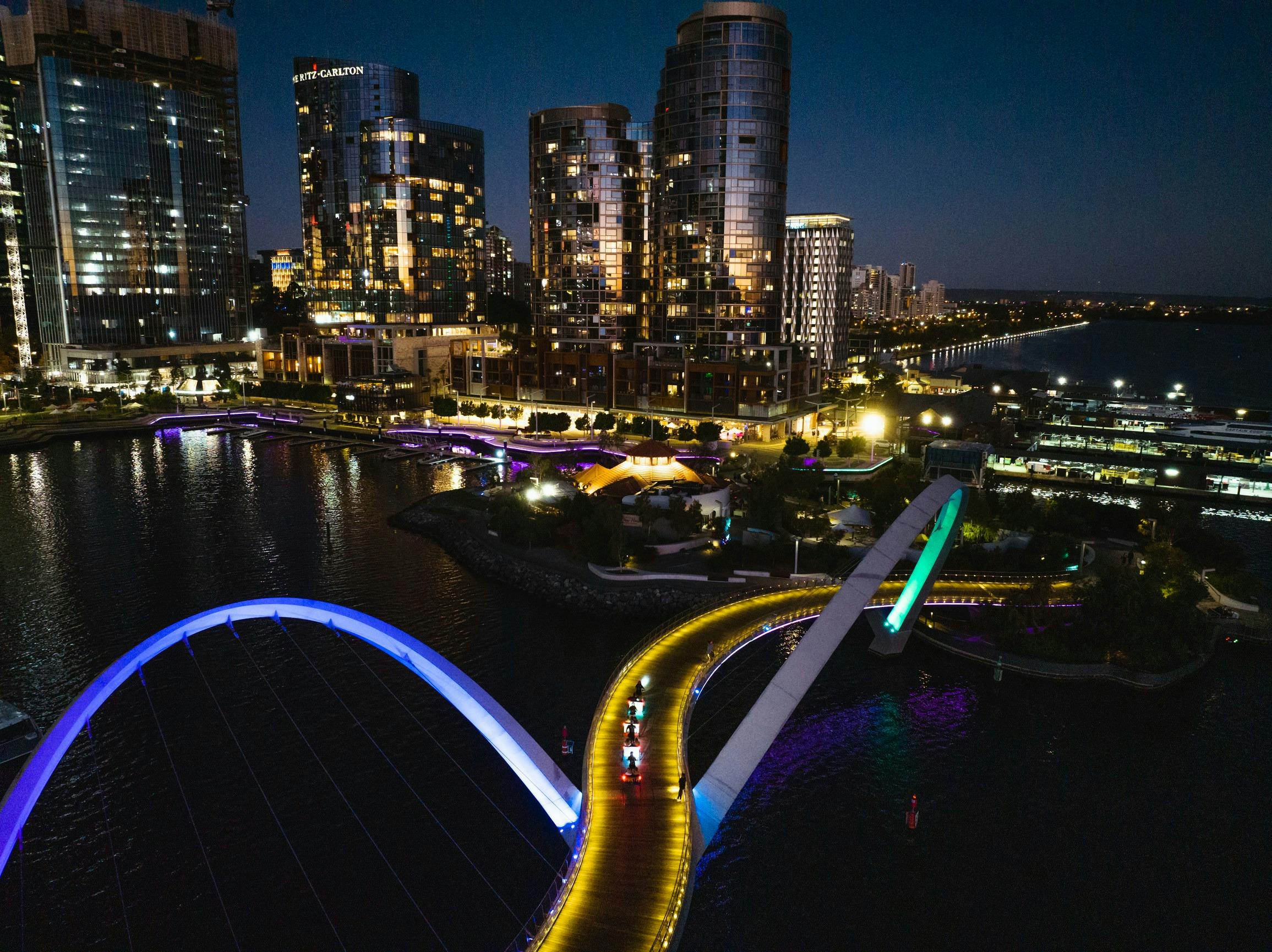 Aerial view of Perth city tour at night with Peddle Perth
