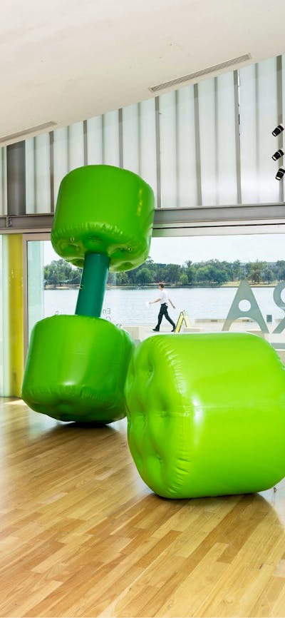 Larger than life green dumbbells and pink dolphin.