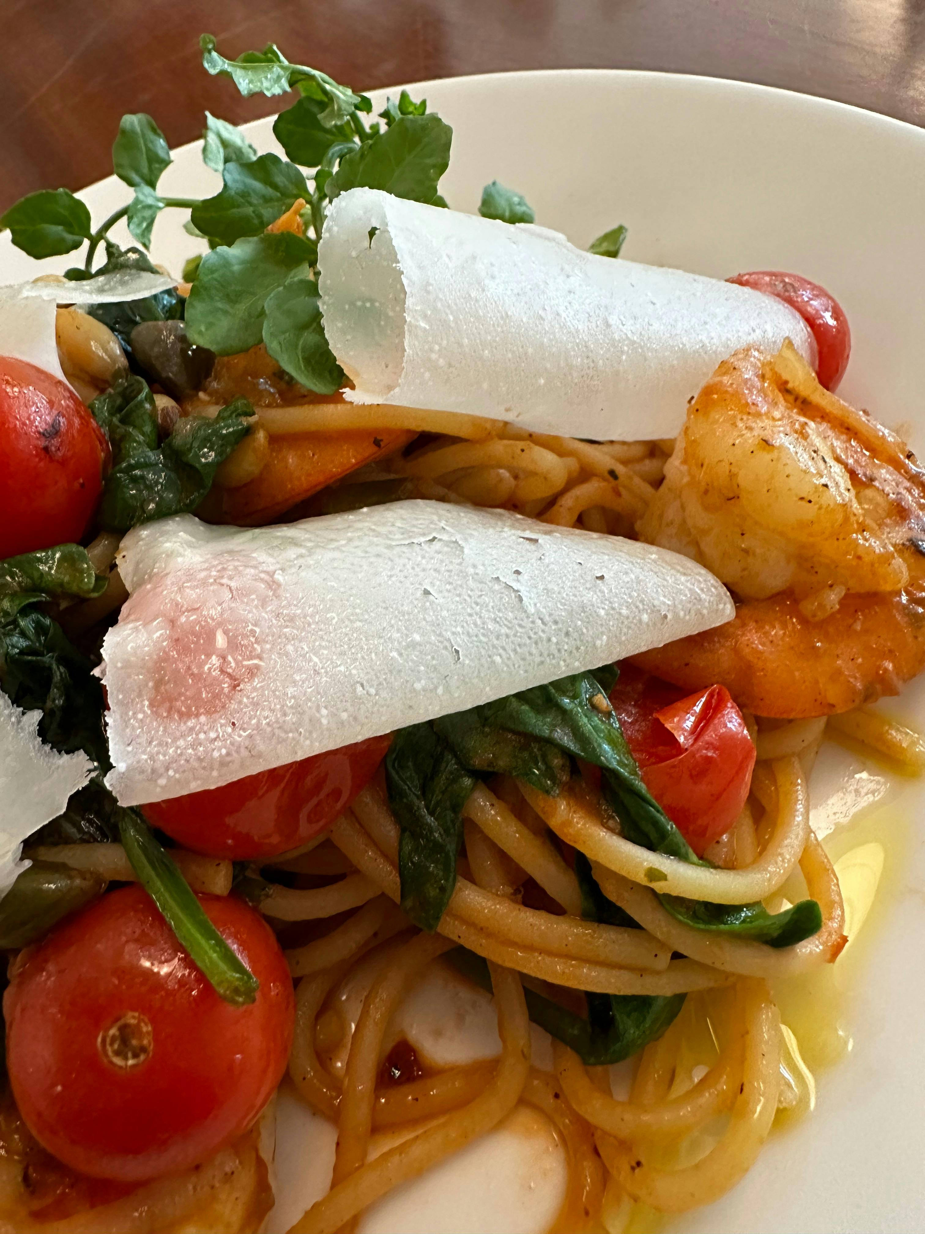 Fat prawns, more prawns, pine nuts, cherry truss, hint of chilli and EVOO