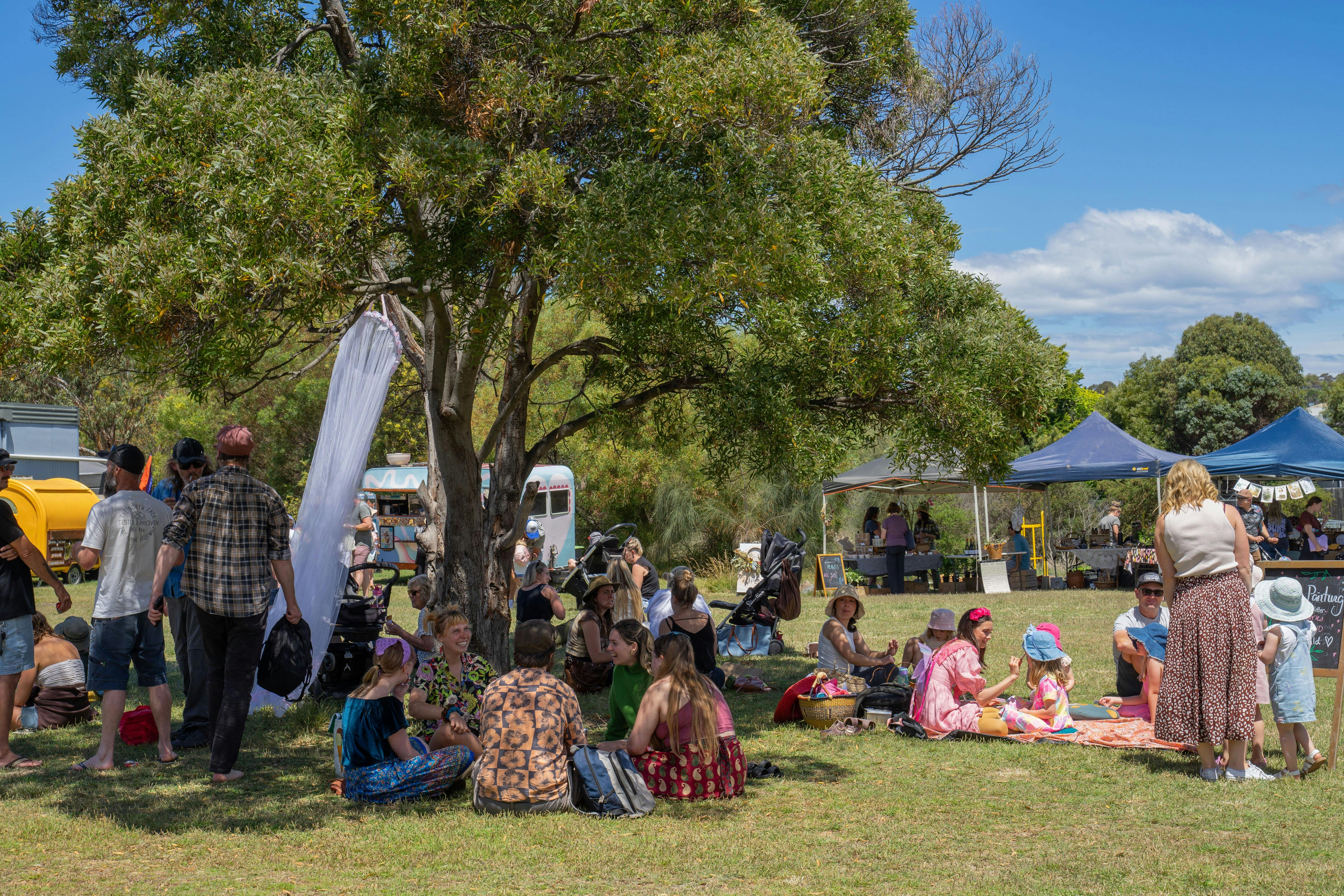 Participants at our Summer Edition market sitting under the blackwood tree.