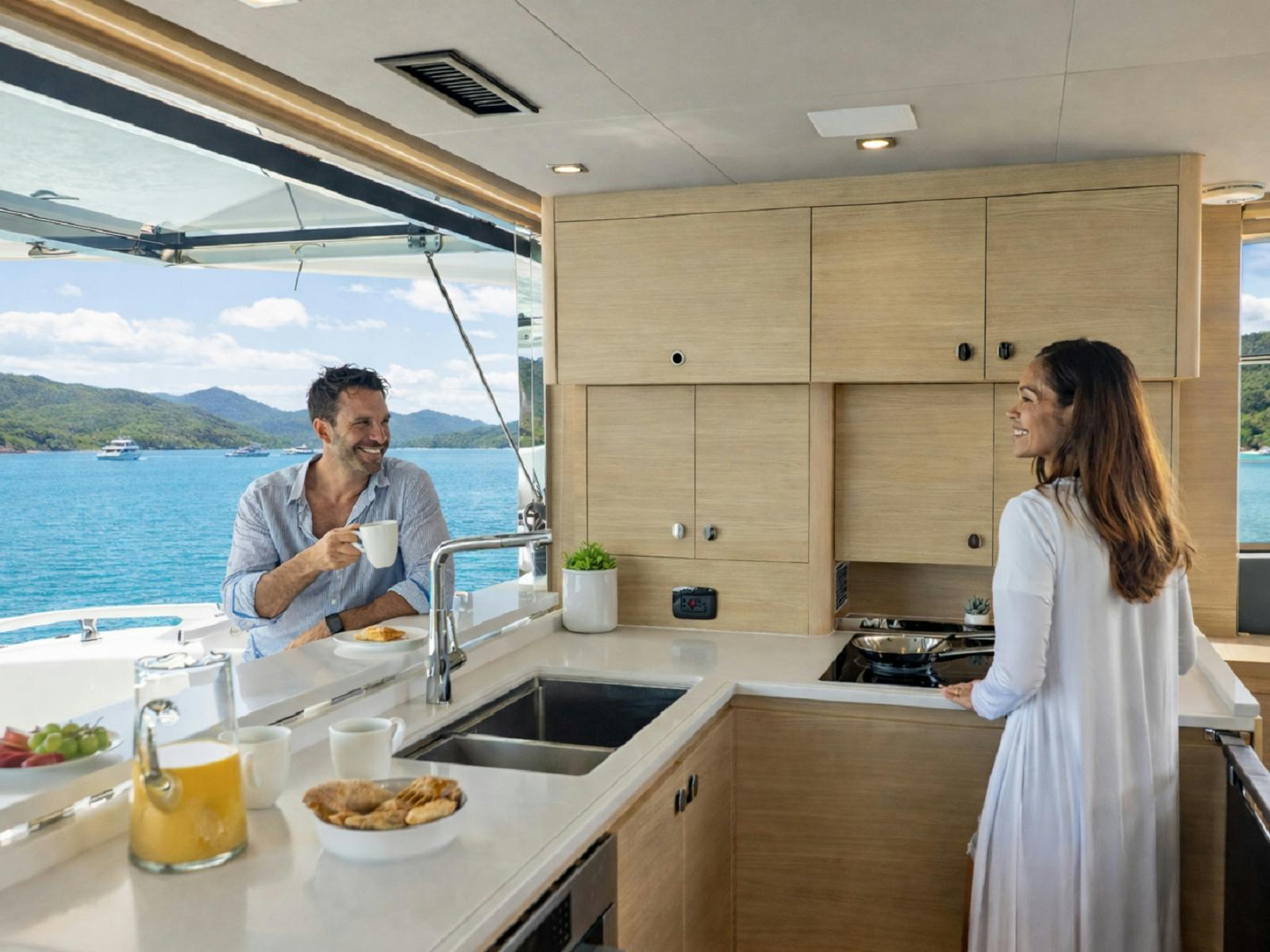 Man and woman on boat having breakfast