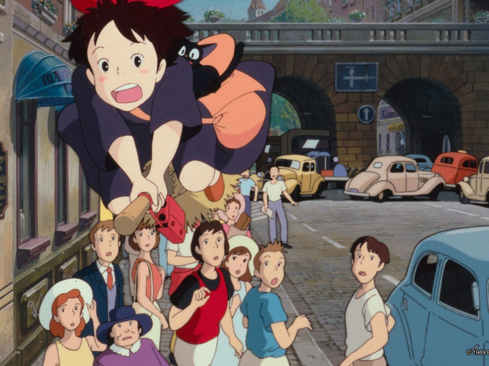Animation of a young girl on a broomstick with cat flying over gasping crowds