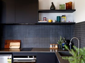 Coffee machine, plates & cutlery, stove, oven and dishwasher