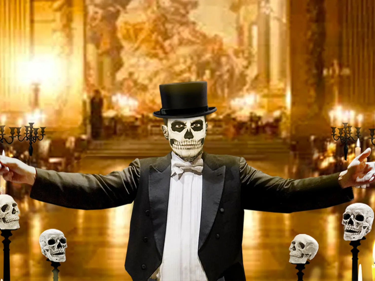 A skull conducting in a church surrounded by candlelights.