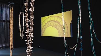 Installation view of Maree Clark: Seeing the Invisible with reed necklaces and projection in backgro
