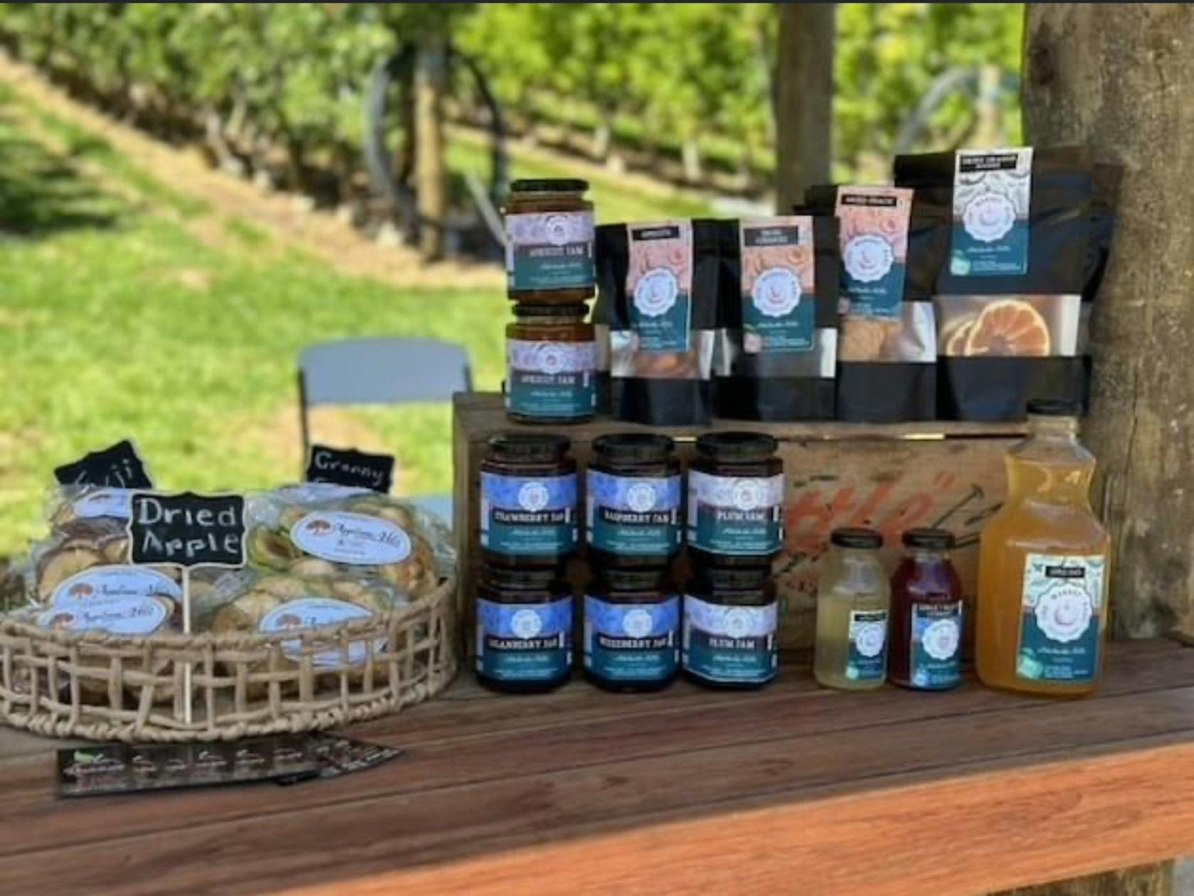 Produce including apple juice, dried fruit and Jars