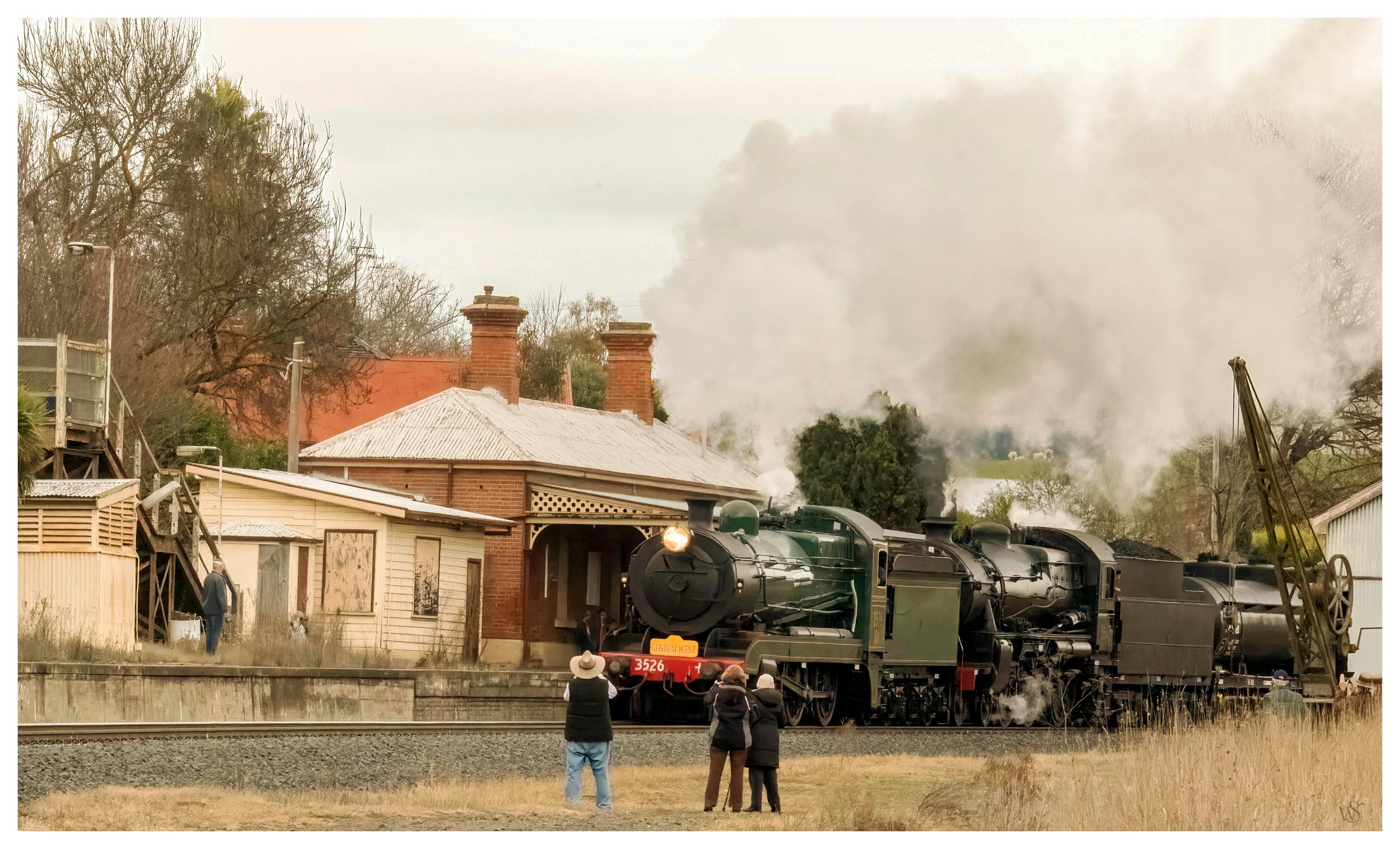 Steam train stationary at Newbridge station with viewers in the foreground