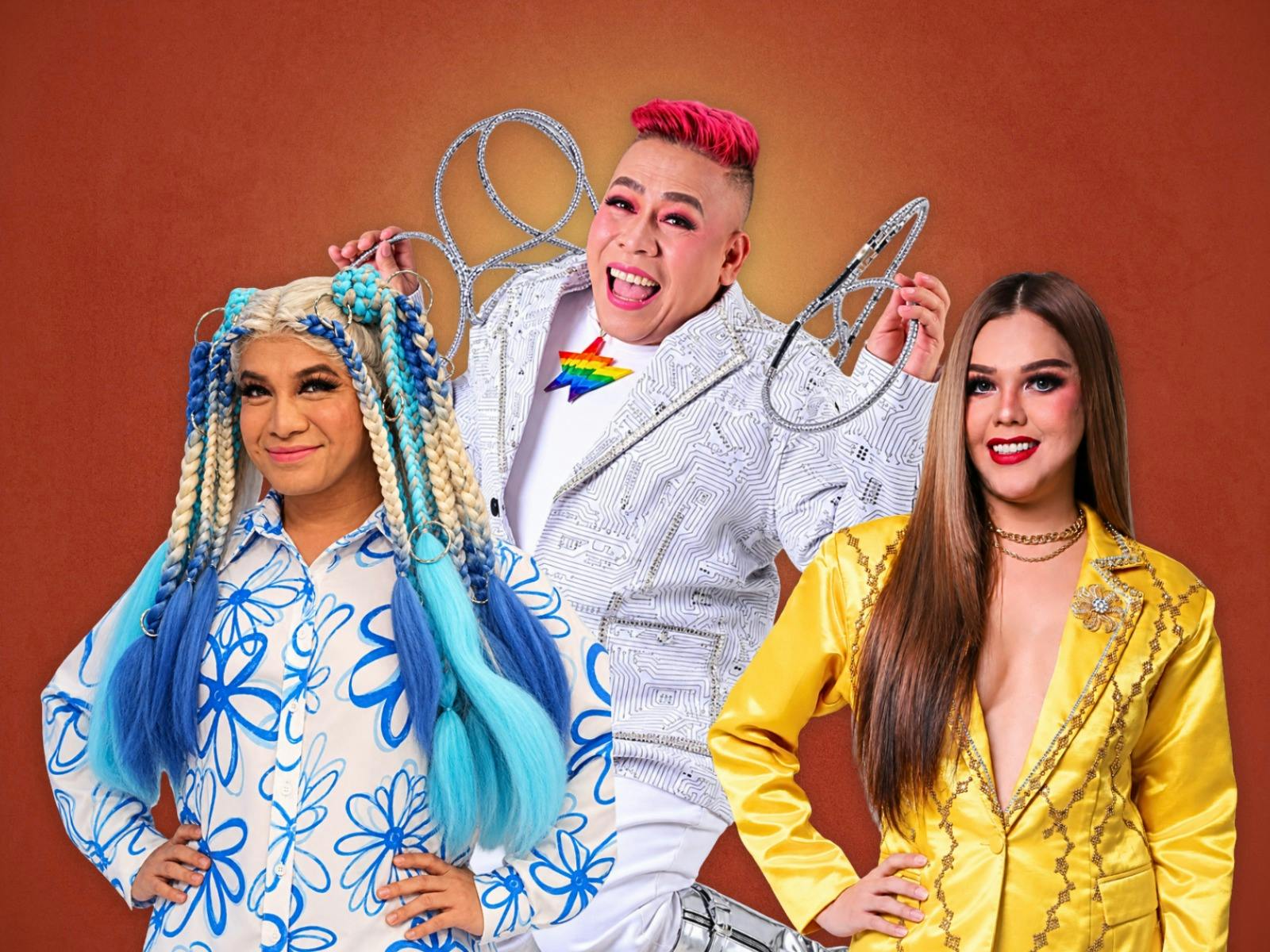 Three Filipino comedy performers posing together in colourful, glamorous outfits.
