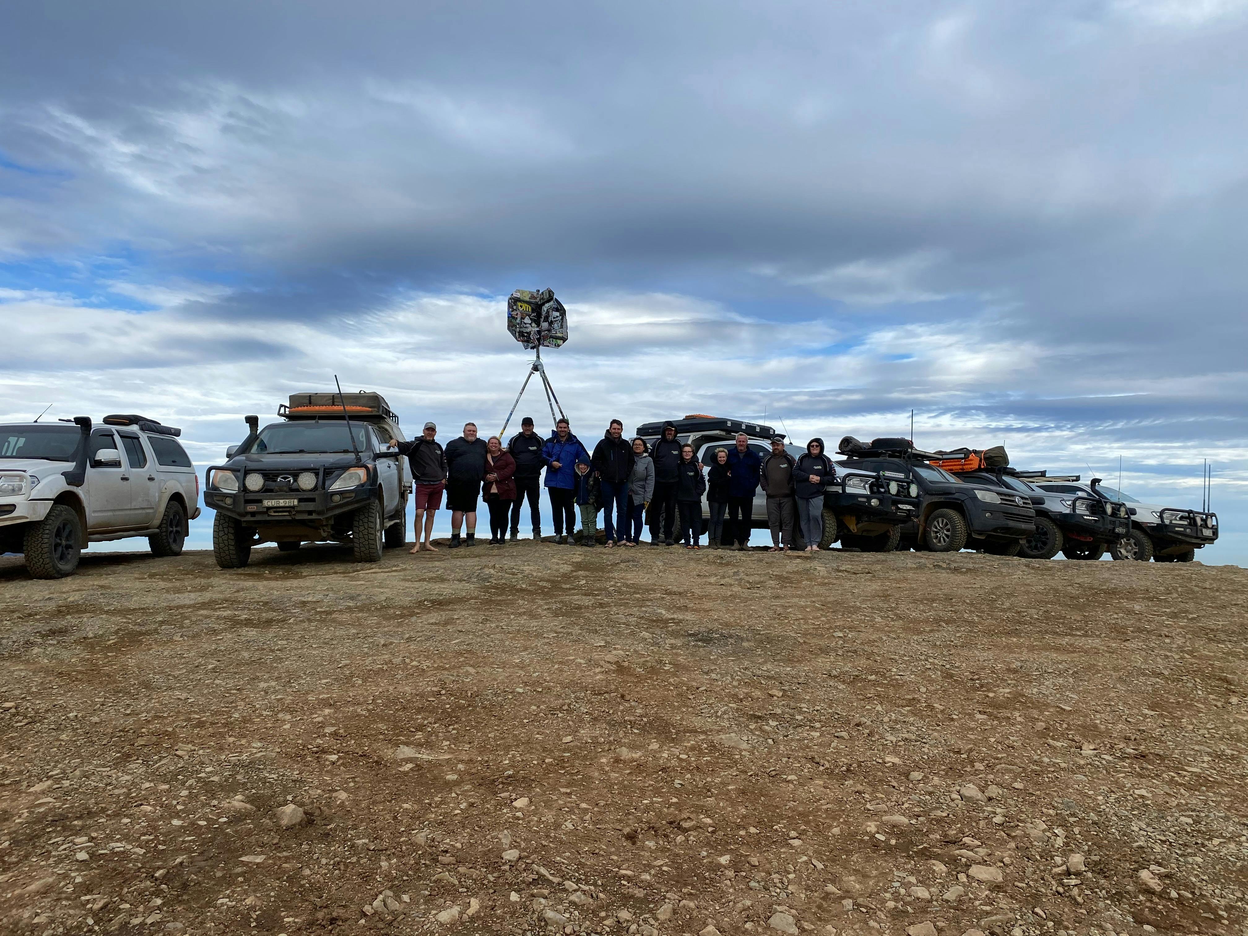 Tour group at Blue Rag Trig Point in the Vic High Country