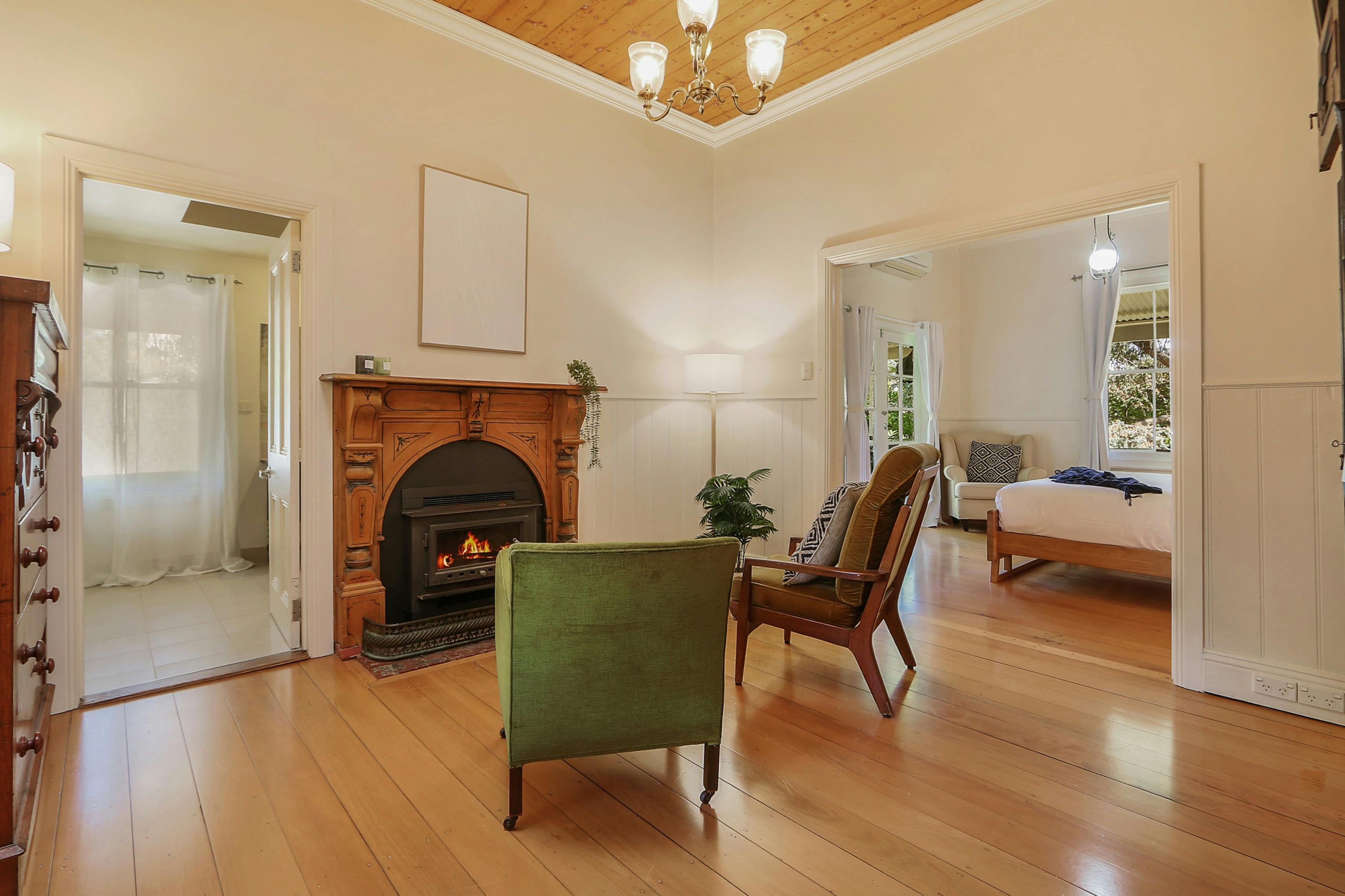 King room sitting area with indoor fireplace