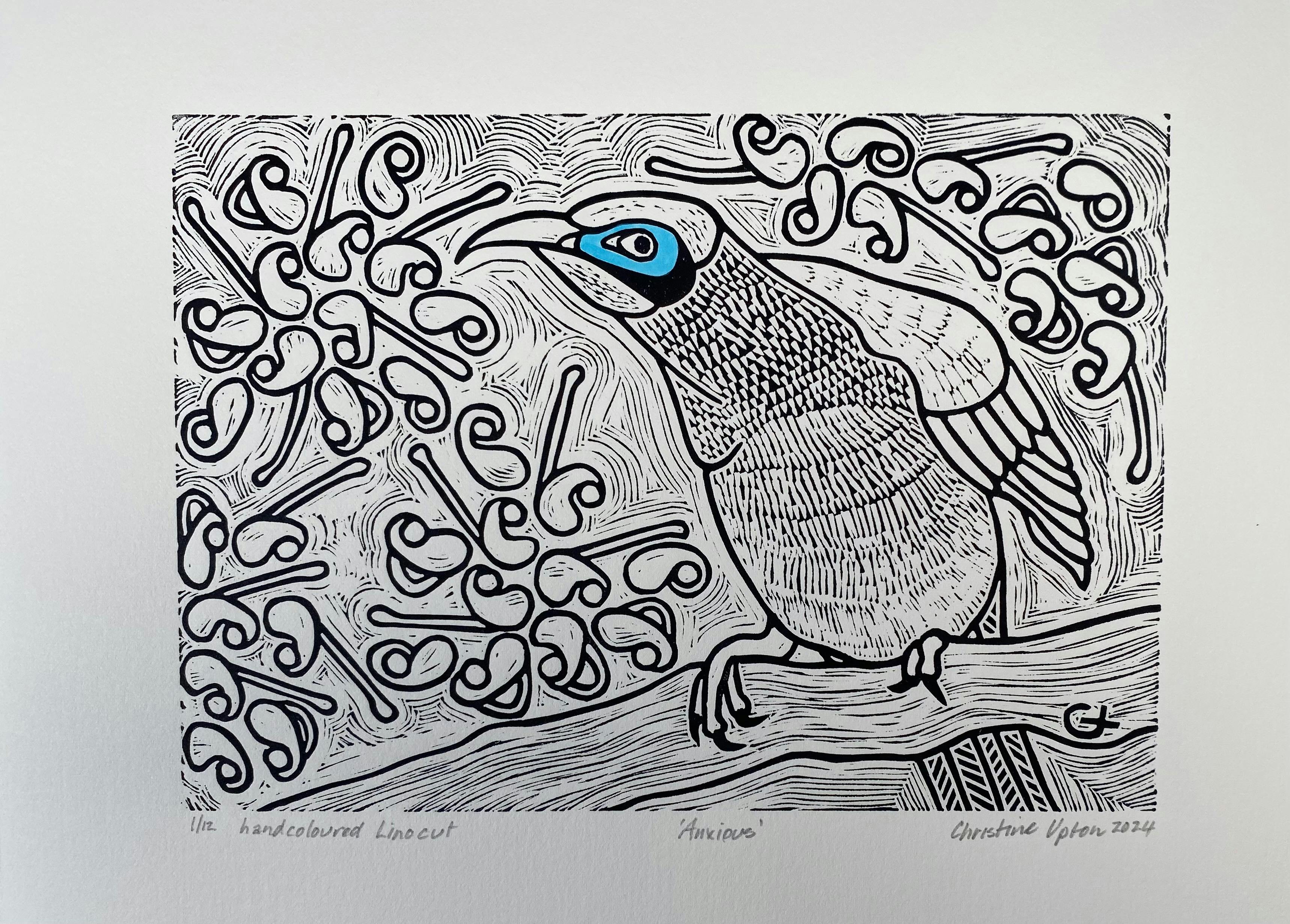 Artwork is titled anxious. Size of printed surface is about A4