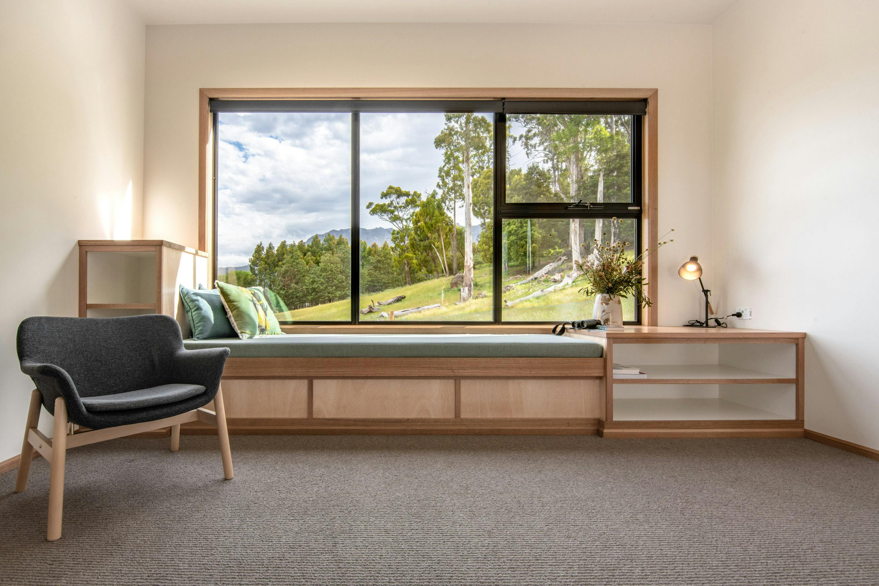 Window seat with view of Mount Roland
