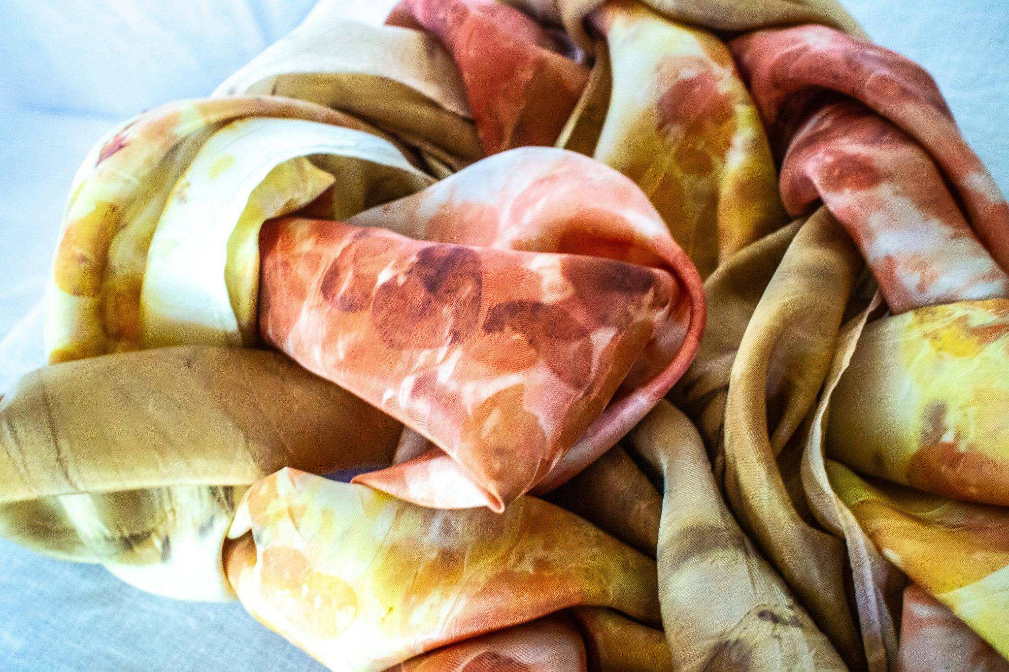 Habutai silk scarves printed with E.pulveralenta, marigolds and soursop