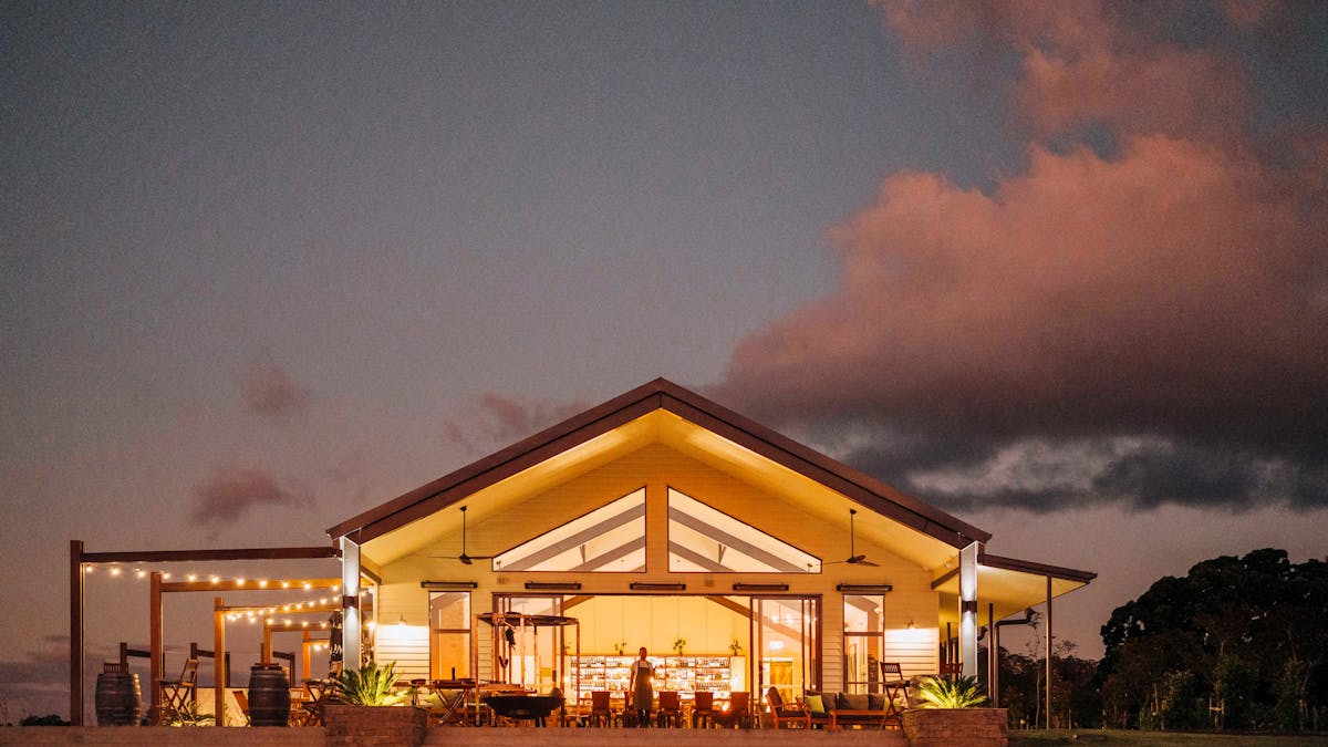 The Paddock restaurant exterior at sunset, Hazelwood Estate