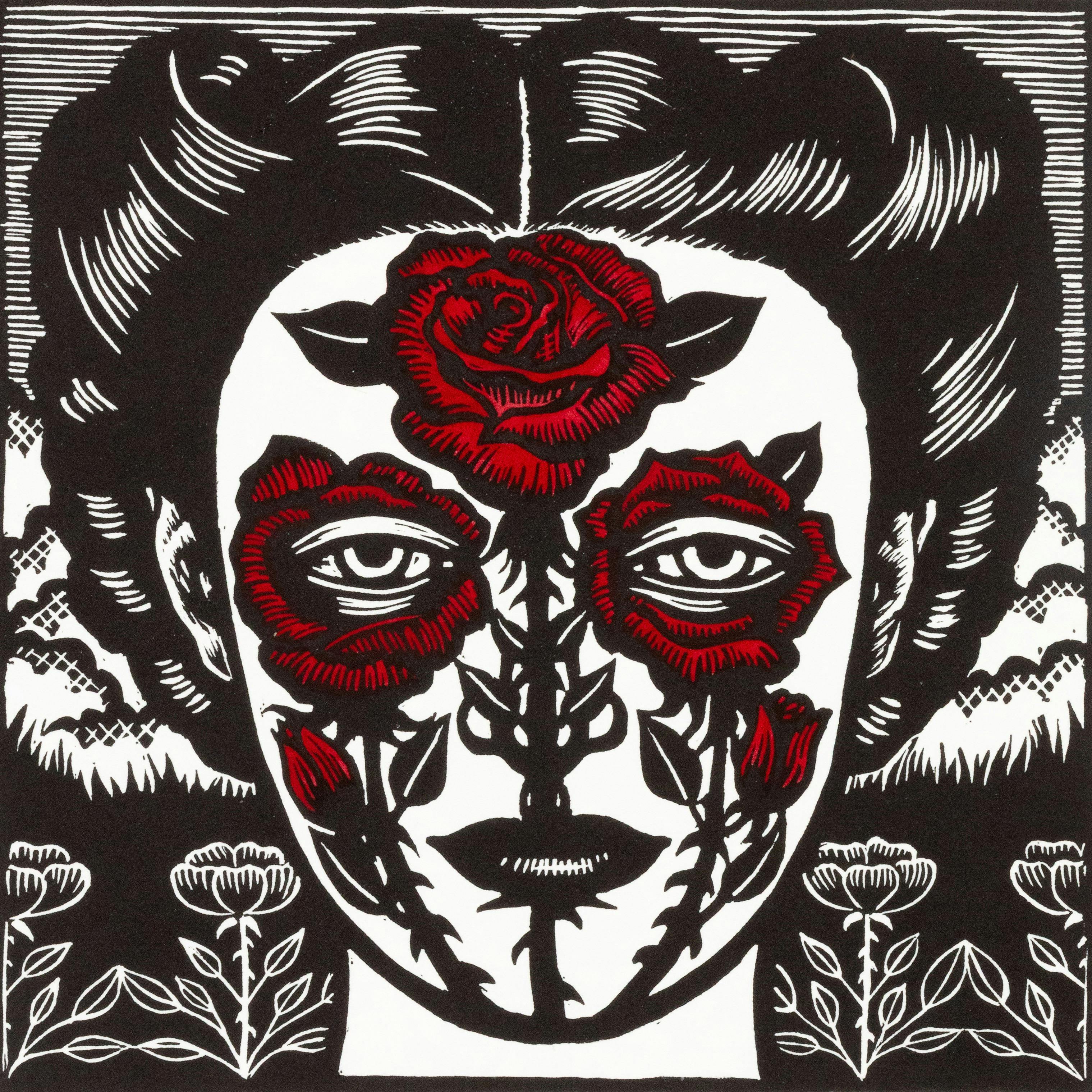 Print by Deborah Klein, Everything’s coming up roses (detail), 2025. Hand-coloured linocut 21.8 x 21