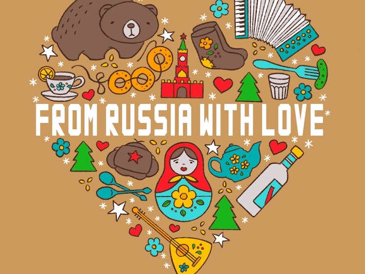 From Russia with Love Logo- Russian items in a heart shape including bear, Russian doll, piano accor