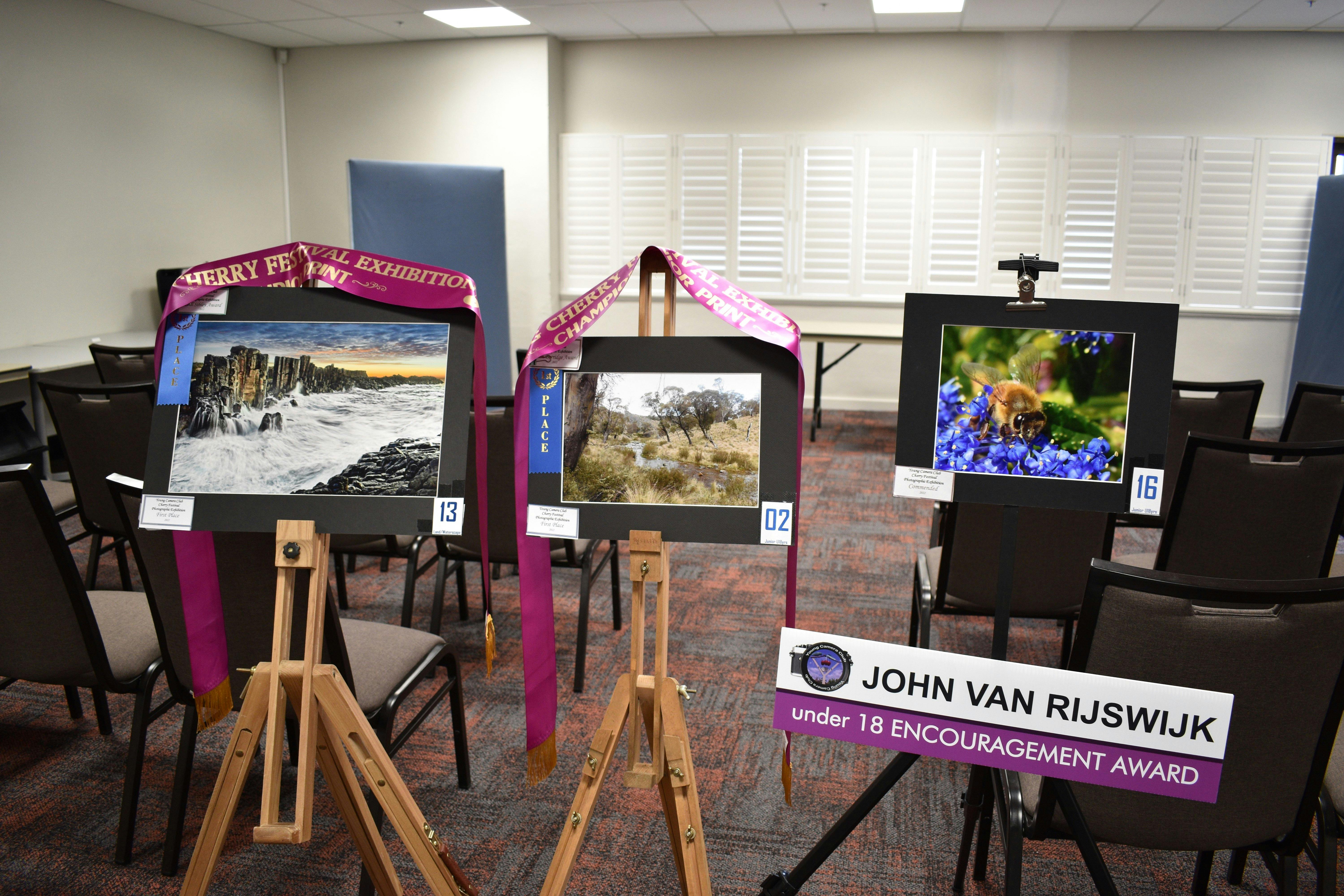 Three photographs on stands that have won awards at the Exhibition's competition.
