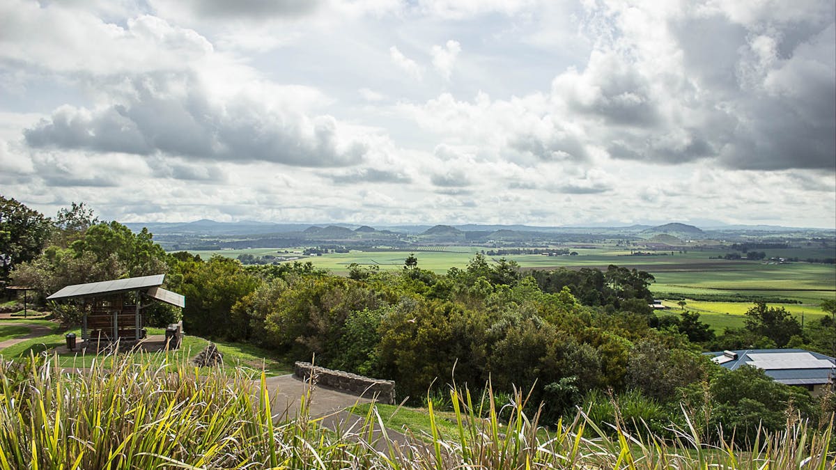 View over rolling hills of Atherton Tableland from Hallorans Hill