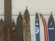 The tops of antique wooden skis