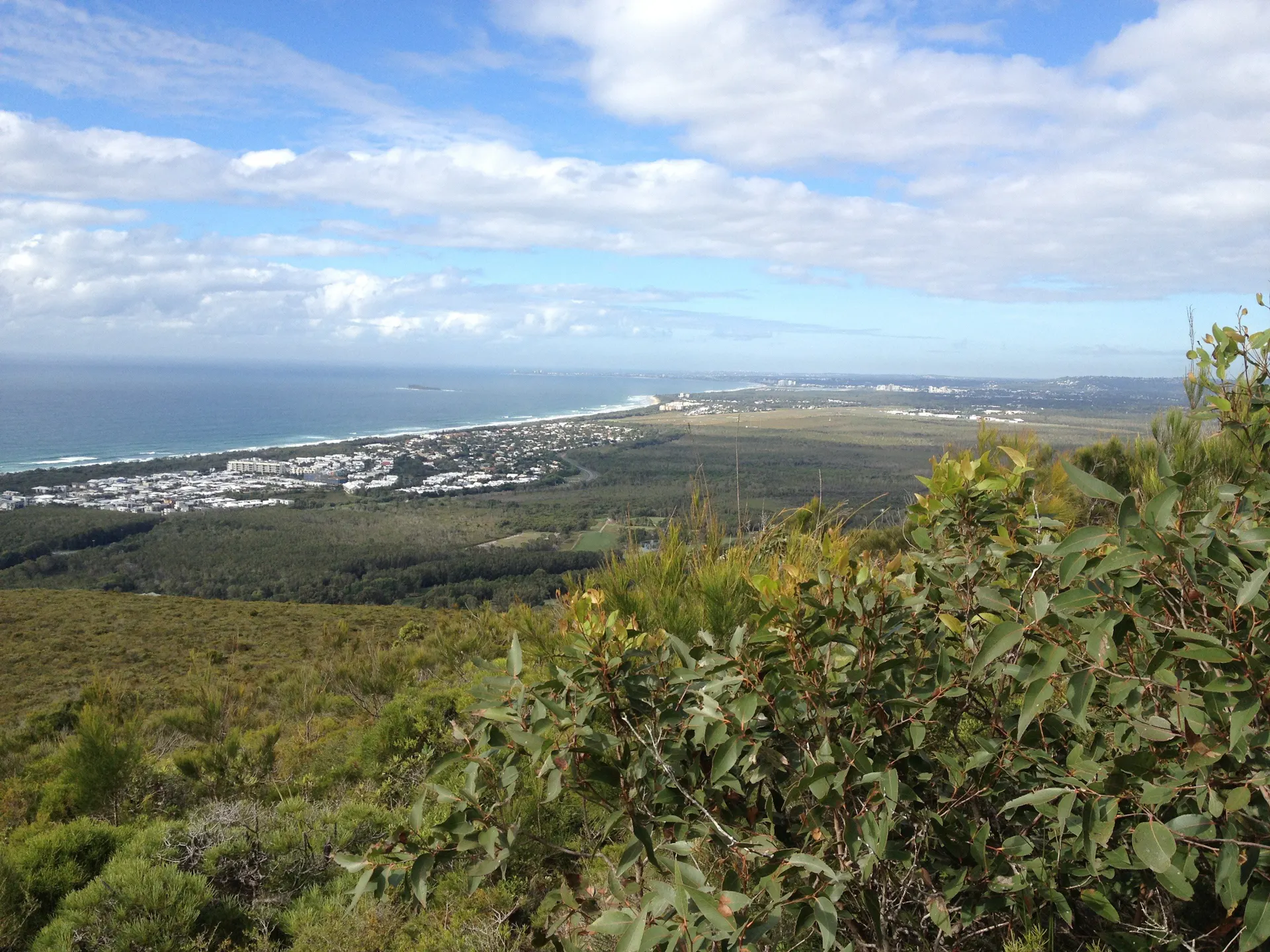 View over coastal plain from vantage point on hill with ocean in the distance.
