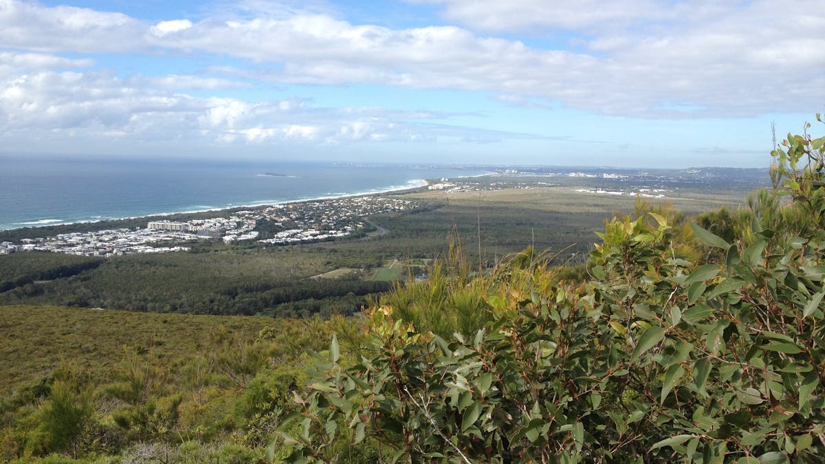 View over coastal plain from vantage point on hill with ocean in the distance.