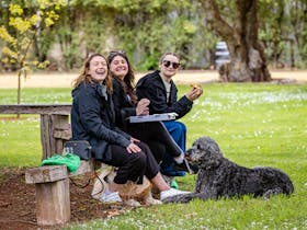 Guests sit in Coonawarra Park with their dogs on the Coonawarra Walking Trail