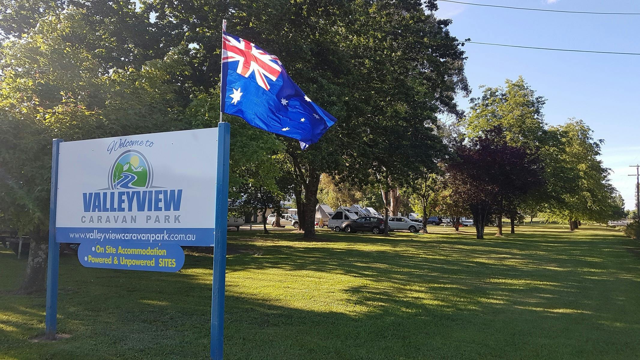 Valley View Caravan Park signage and camping area