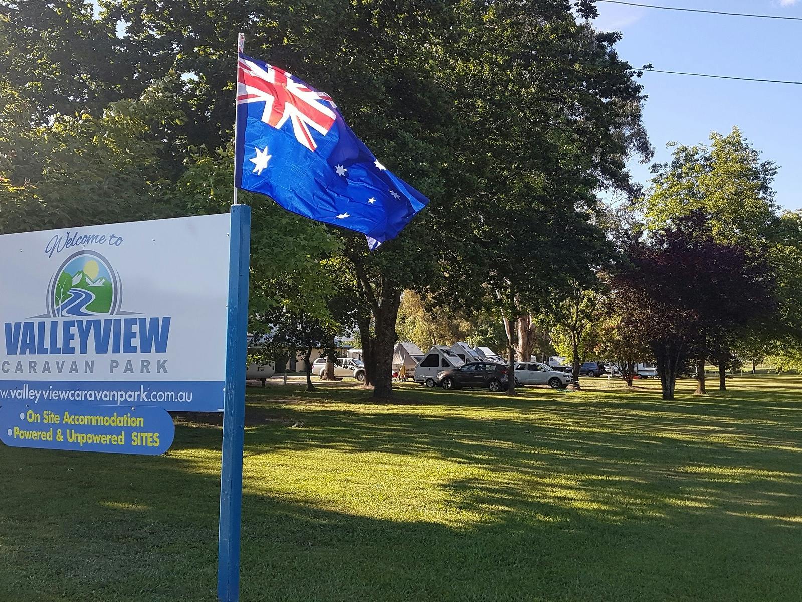 Valley View Caravan Park signage and camping area
