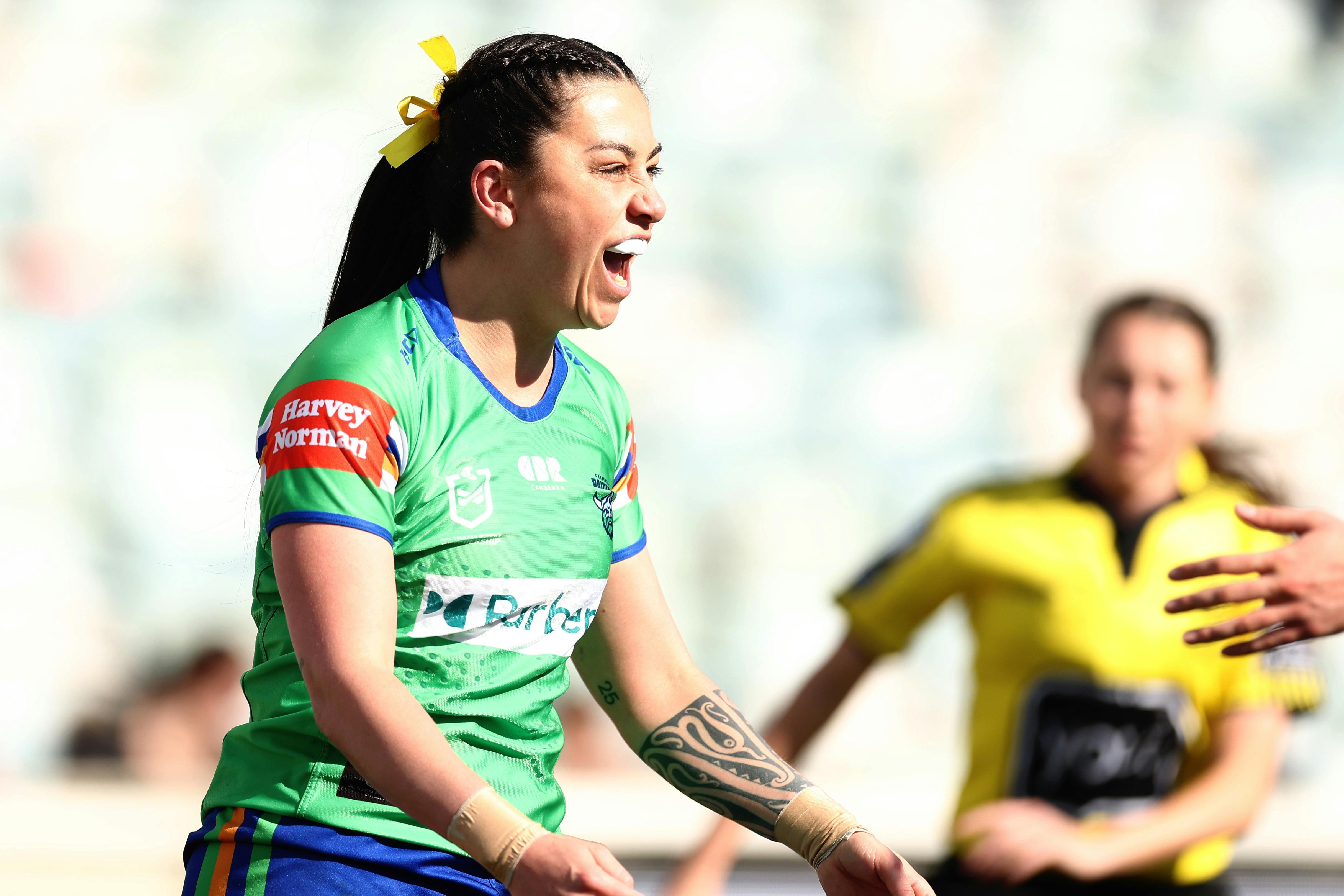 Canberra Raiders NRLW player Madison Bartlett celebrating a try.