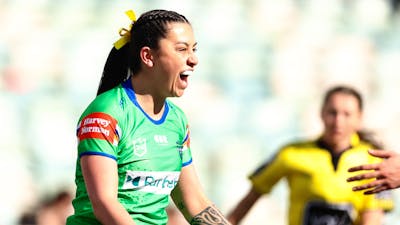 Canberra Raiders NRLW player Madison Bartlett celebrating a try.