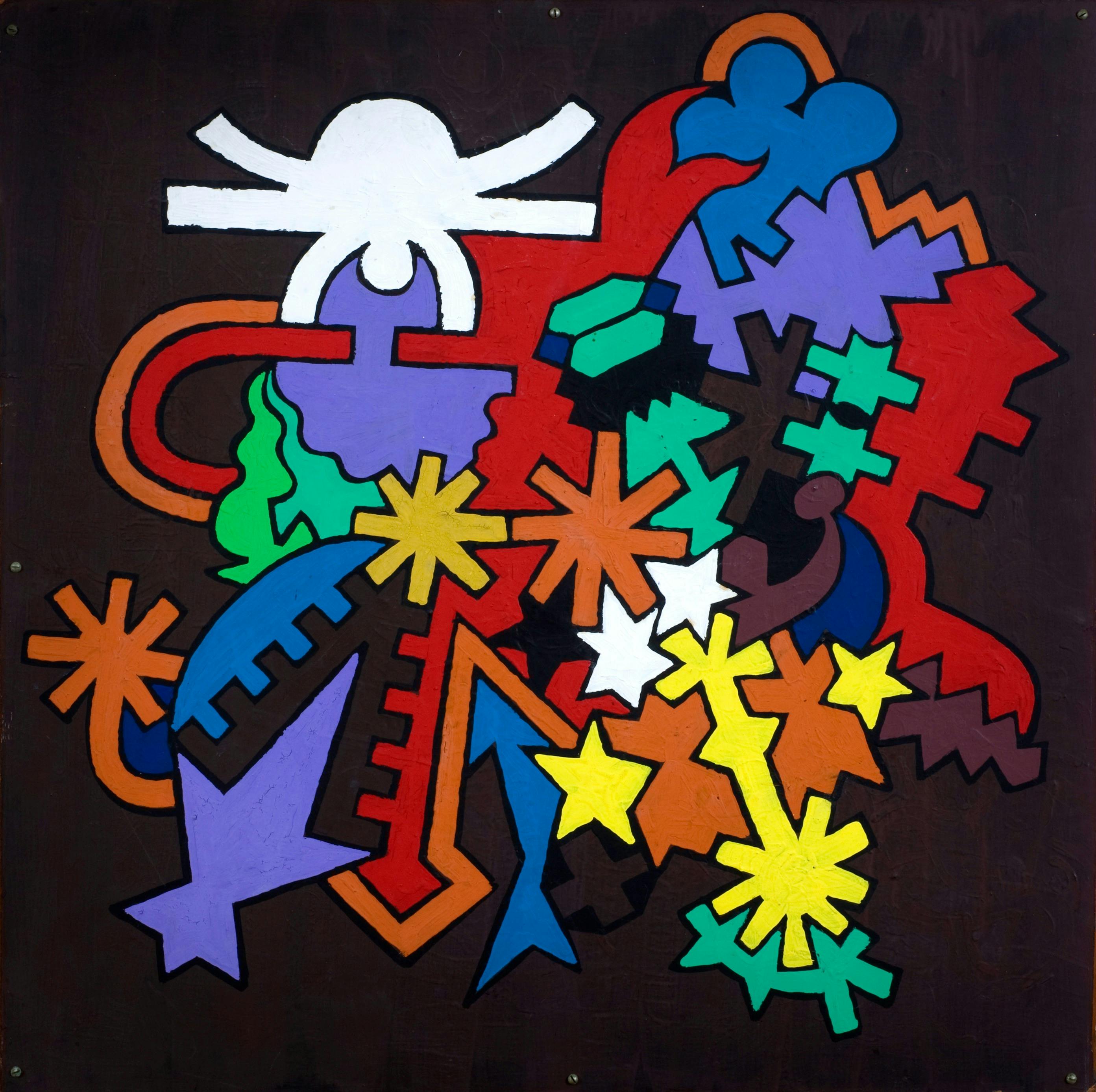 Primary coloured flat shapes piled on a black background