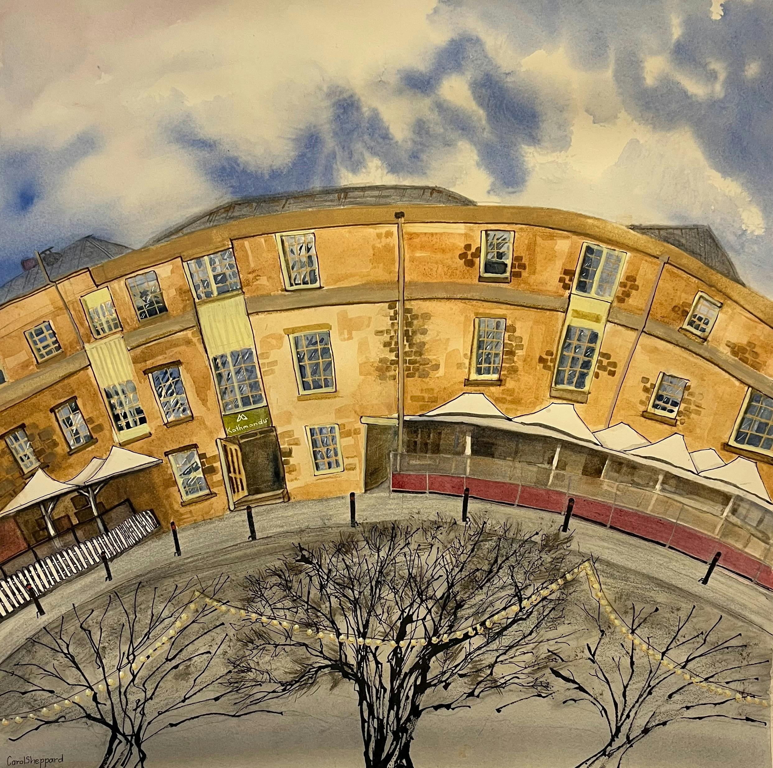 Fish eye view of Salamanca Place painted in watercolour