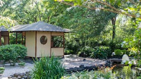 A japanese tea house in the Japanese garden at Campbelltown Arts Centre