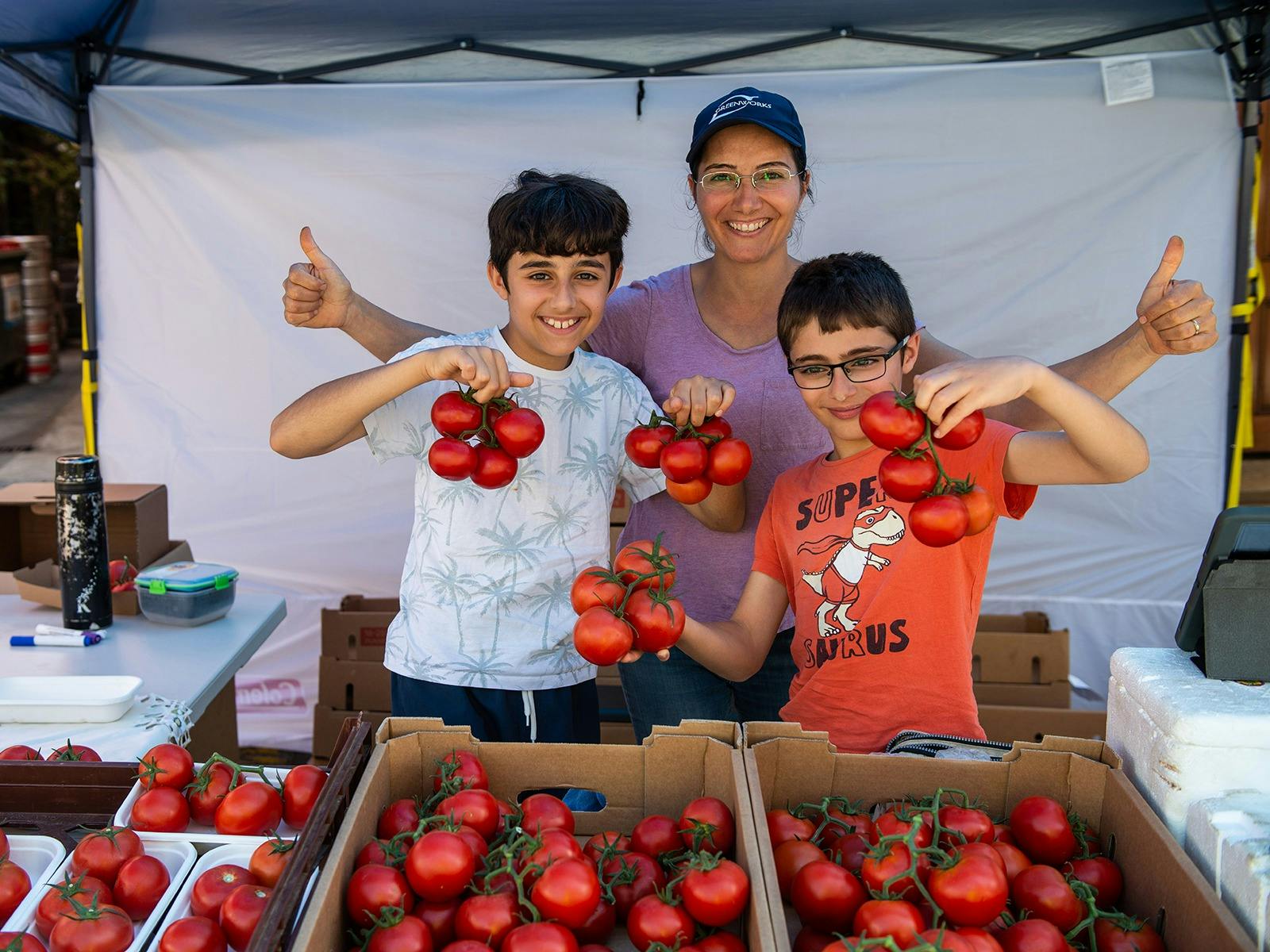 Farm Gate Market producer with sons selling tomatoes