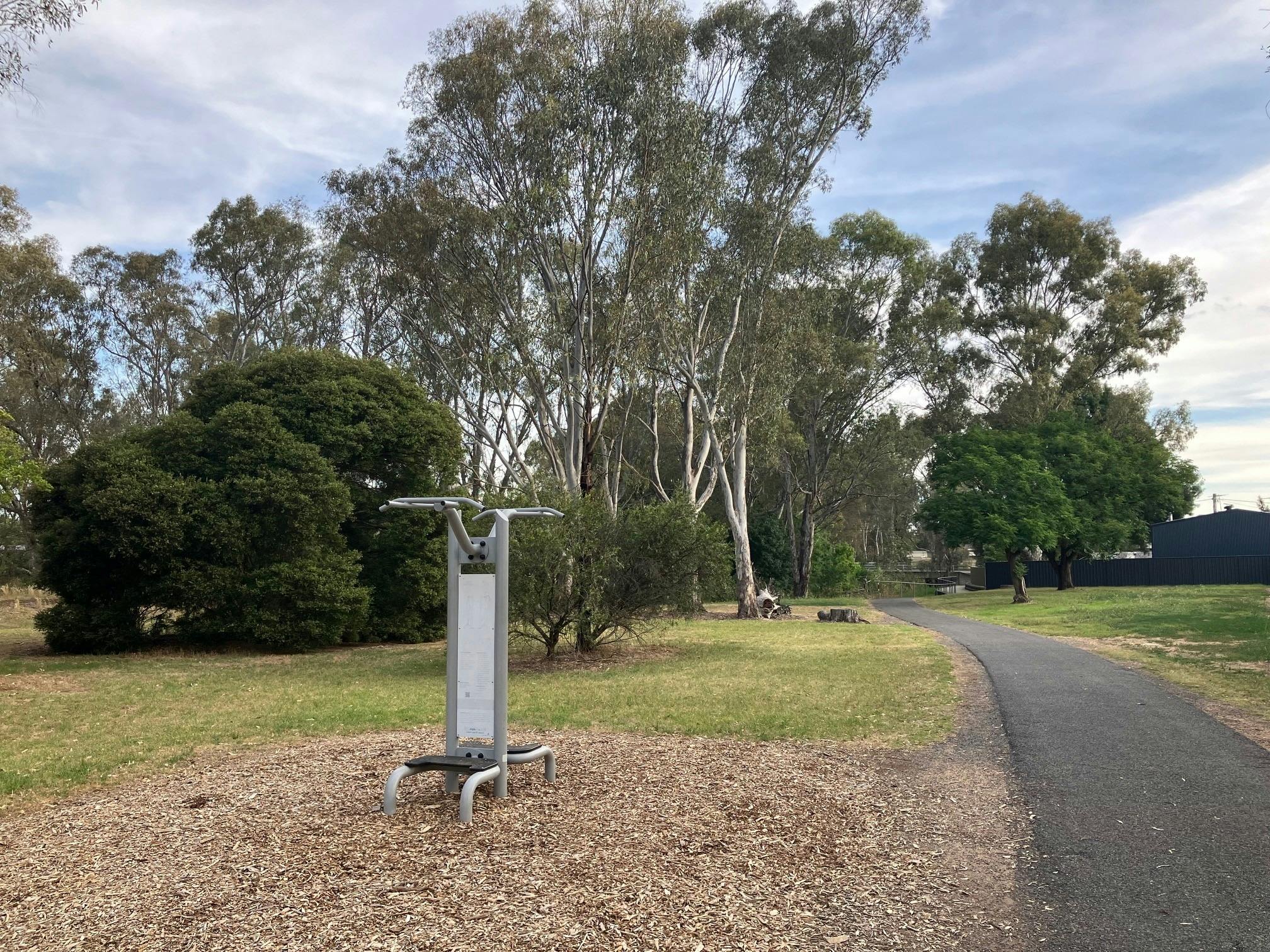 shared bike & walking path, outdoor gym equipment, gum trees in background