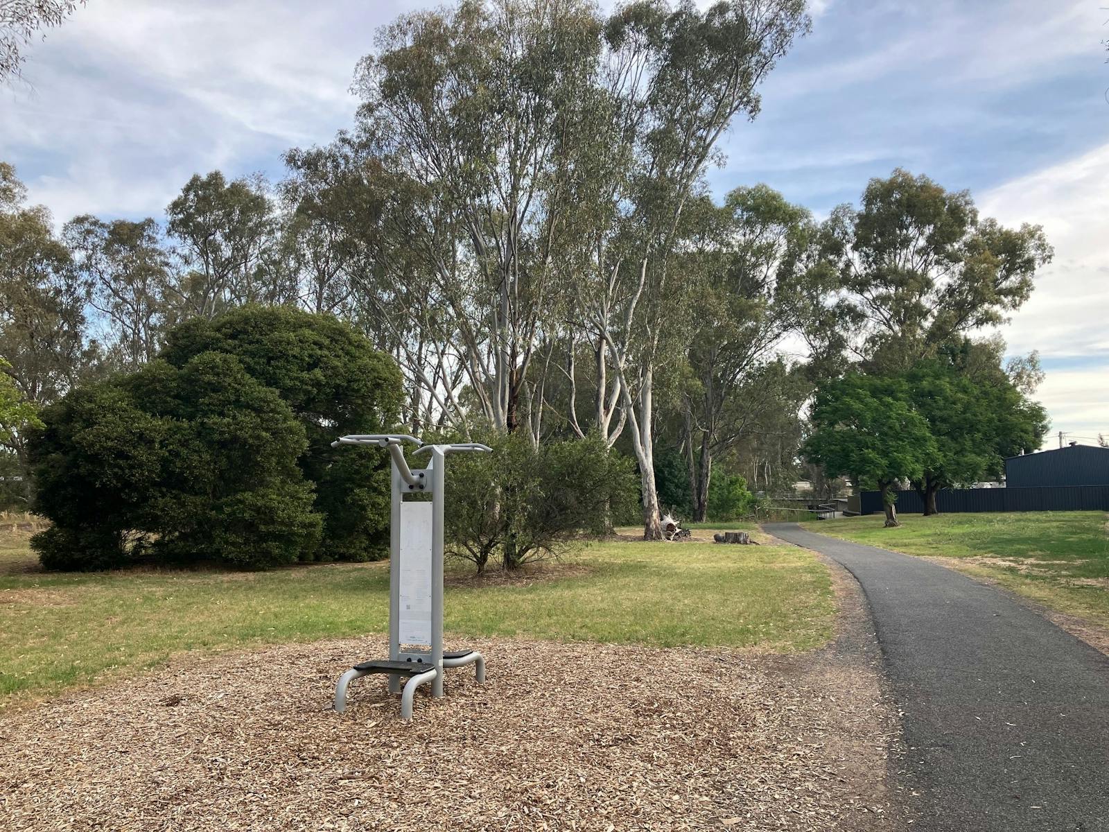 shared bike & walking path, outdoor gym equipment, gum trees in background
