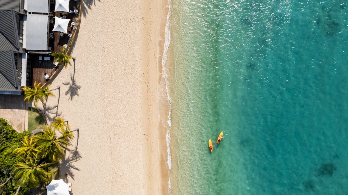 Aerial view of a sandy beach, turquoise water, palm trees, and two kayakers near the shoreline.
