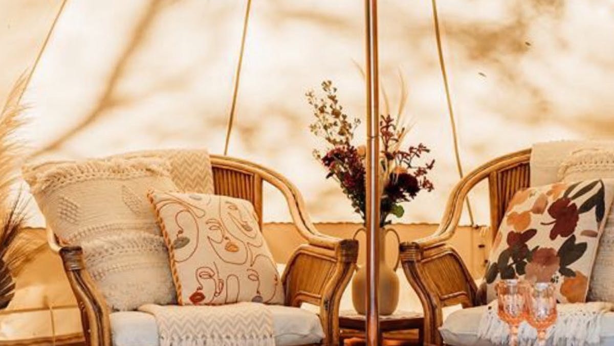 Cosy Chairs and table in bespoke Bell tent Cosy Chairs and table in bespoke Bell tent