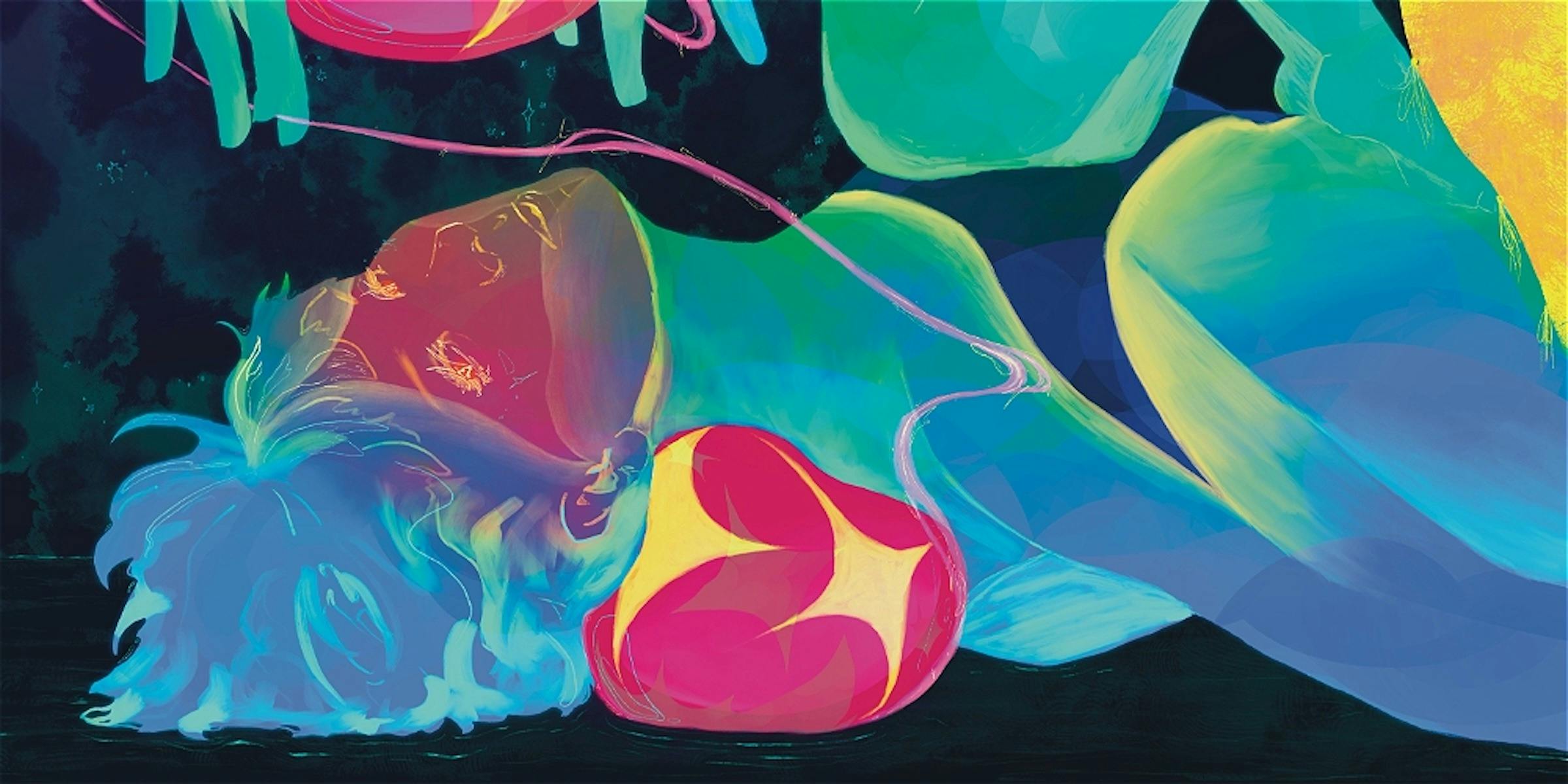 Colourful painted person lying down.
