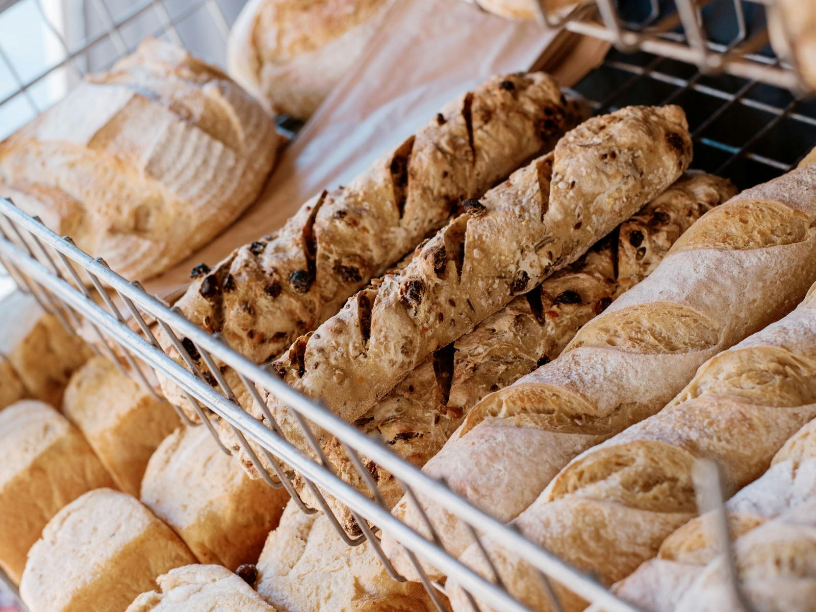 A row of fresh baked bread on display at the Bendigo Farmers Market