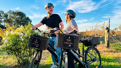 Two people standing next to e-bikes in a vineyard