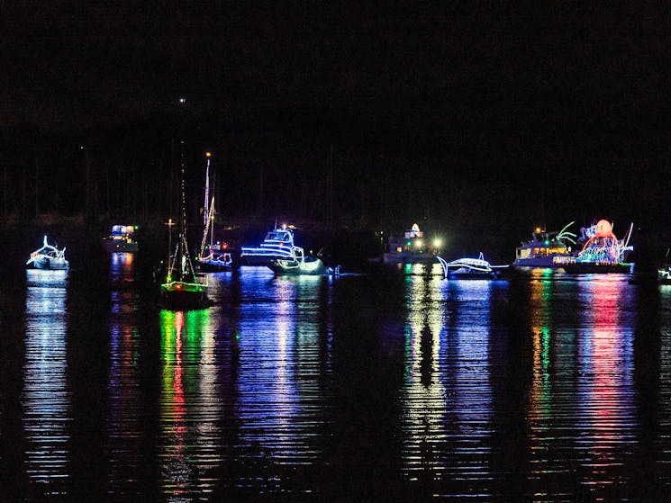 Boats on lake at night time lit up with colourful fairy lights