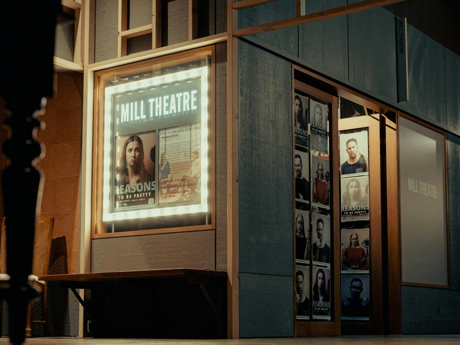 Outside the Mill Theatre, lightbox and doorway