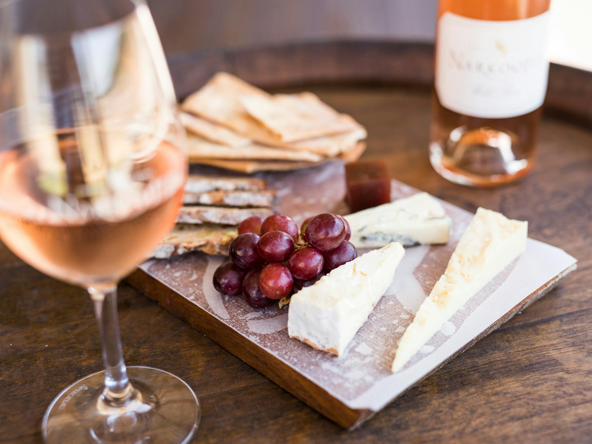 Gippsland cheese board , bottle & glass of Narkoojee 'Wild Rose'